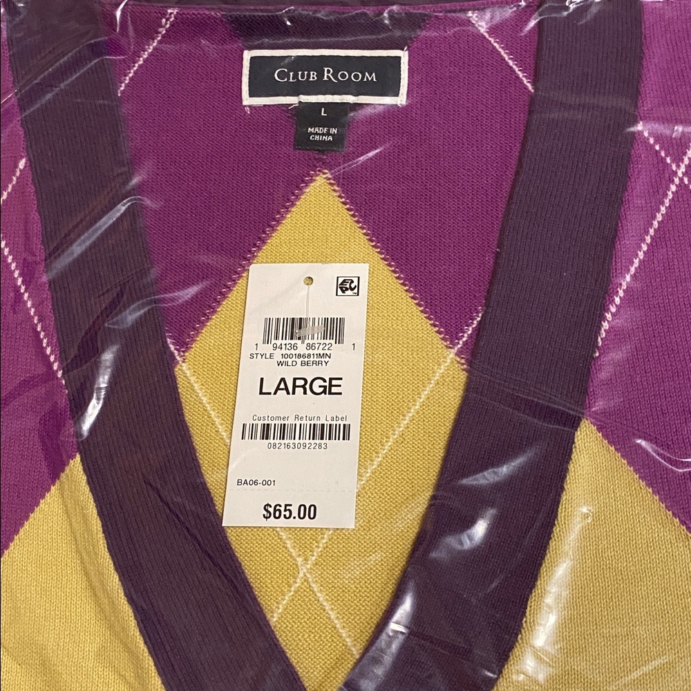 Club Room Purple and Yellow Long Sleeve Button Down Argyle Sweater with Pockets - Picture 2 of 2